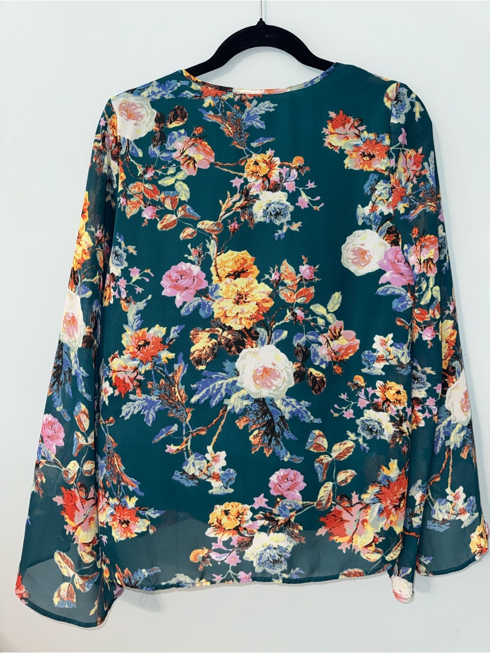 Show Me Your Mumu teal floral print bell sleeve top with tie neck detail - Picture 6 of 9